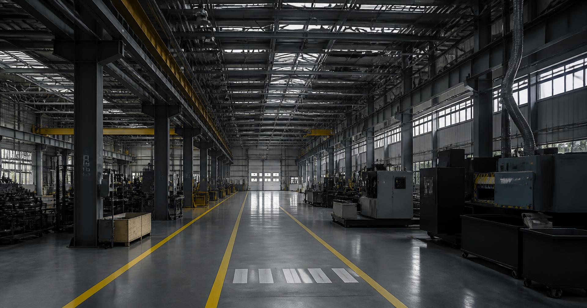 Wide view down the central aisle of a manufacturing plant