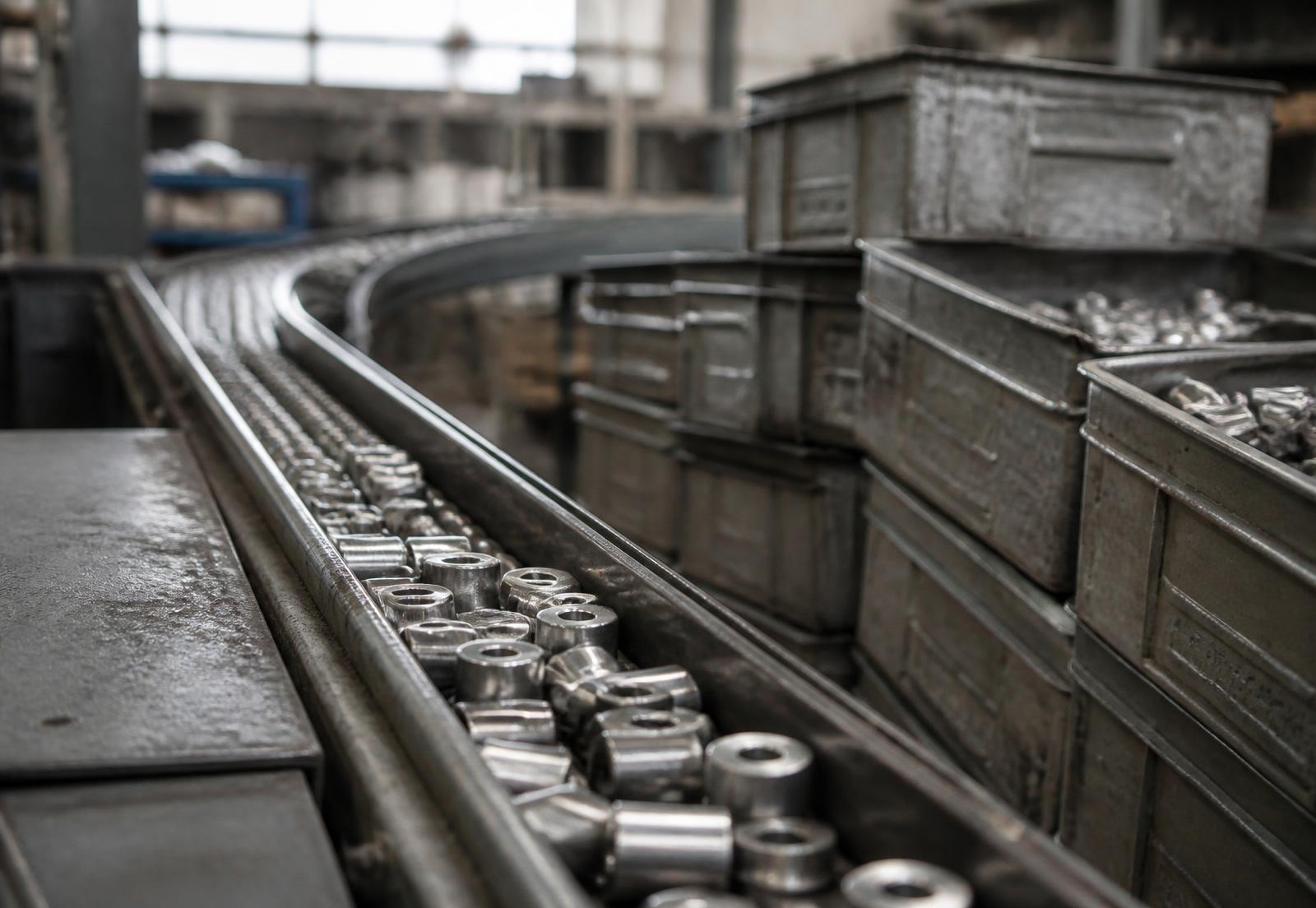 Machined components moving along a conveyor beside work-in-process bins