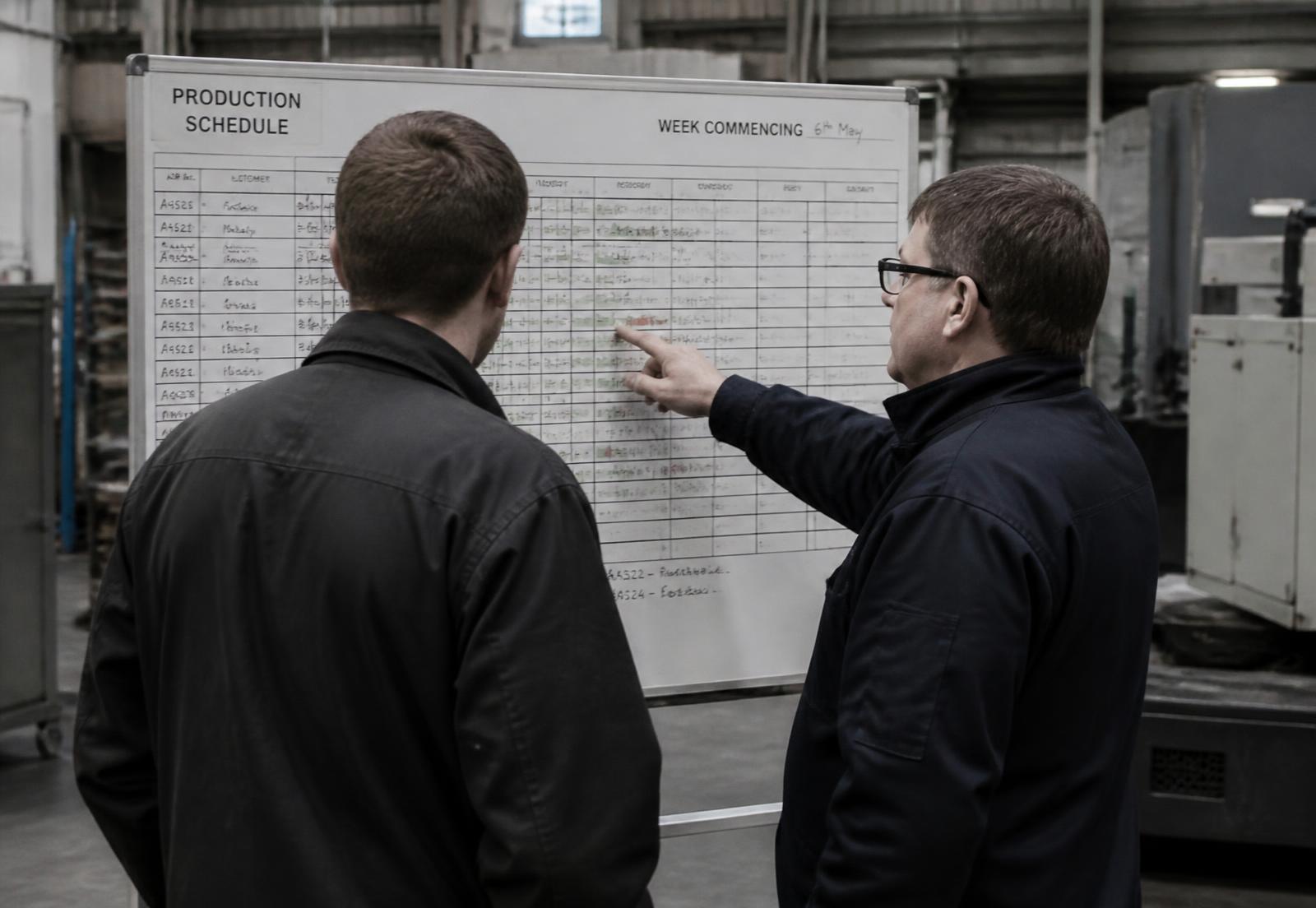 Two operations managers reviewing a production schedule board on a factory floor